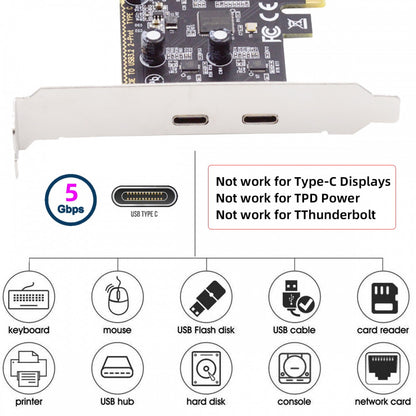 Card USB3.1 Gen1 5Gbps Dual Type-C USB-C Female to PCI-E Express 1x Card Adapter ASM1042 with Low Profile Bracket