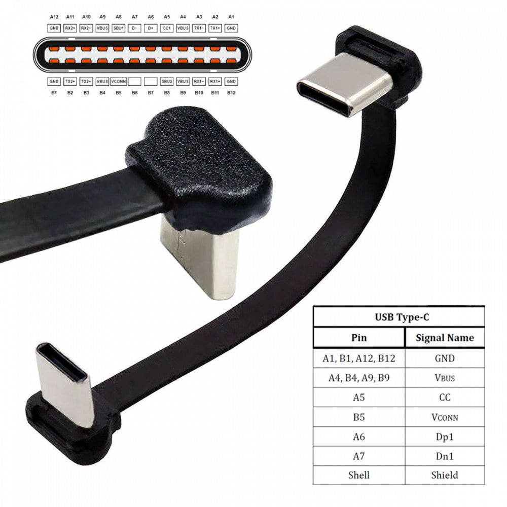 USB-C Type C to USB-C Ultra Slim Flat Power USB2.0 Data Cable Angled Connector 65W Fast Charge for Laptop Tablet Phone