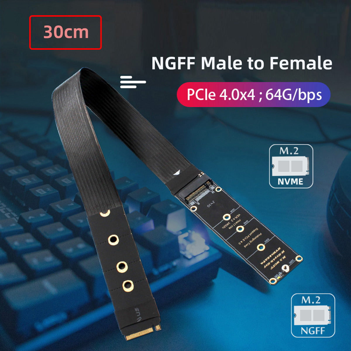 NGFF M-Key NVME Male to Female Extension PCI Express Cable 30cm PCI-E 4.0 for Mainboard SSD 2230/2242/2260/2280