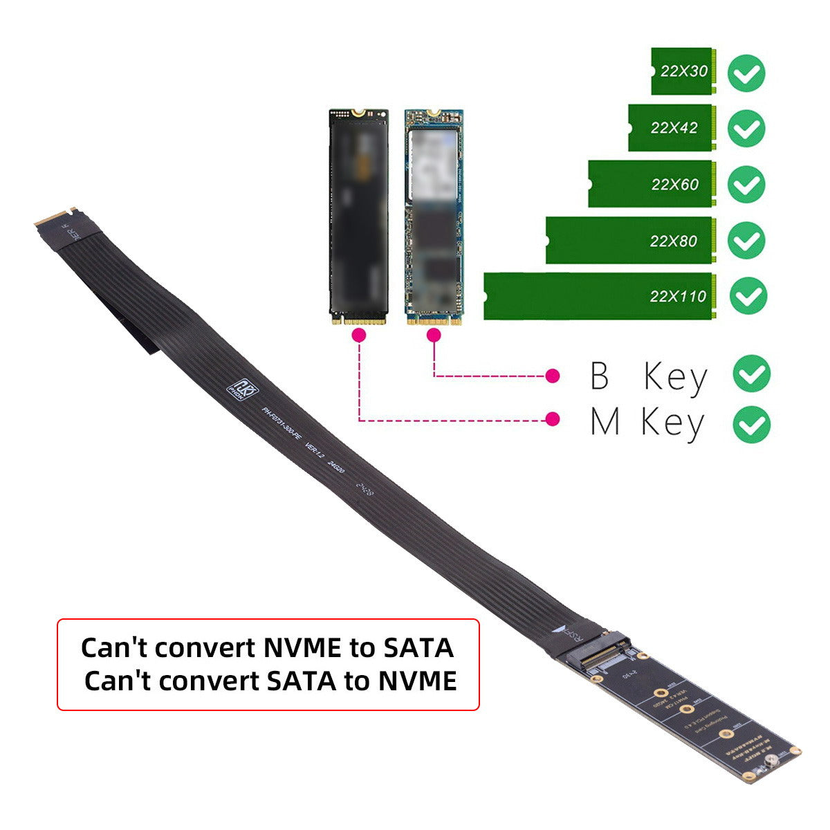 NGFF M-Key NVME Male to Female Extension PCI Express Cable 30cm PCI-E 4.0 for Mainboard SSD 2230/2242/2260/2280