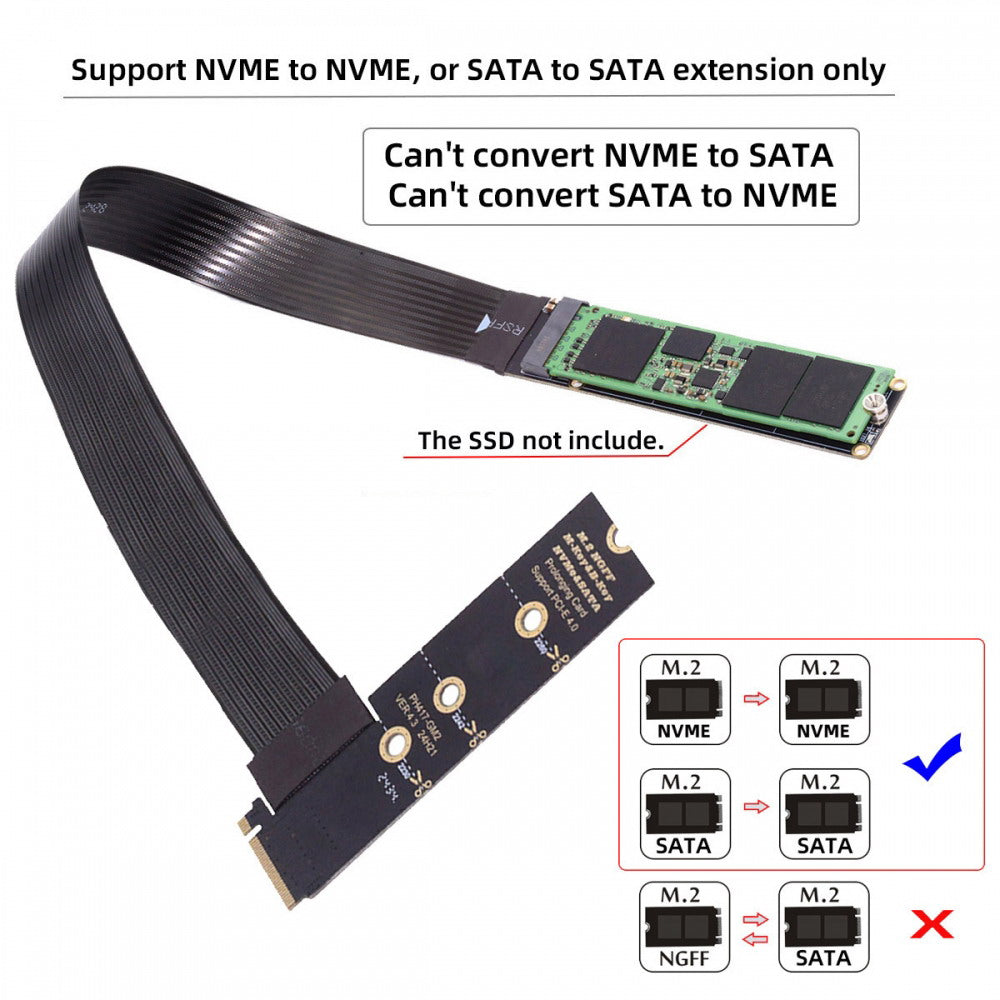 NGFF M-Key NVME Male to Female Extension PCI Express Cable 30cm Right Angled Type 90 Degree PCI-E 4.0 for Mainboard SSD 2230/2242/2260/2280