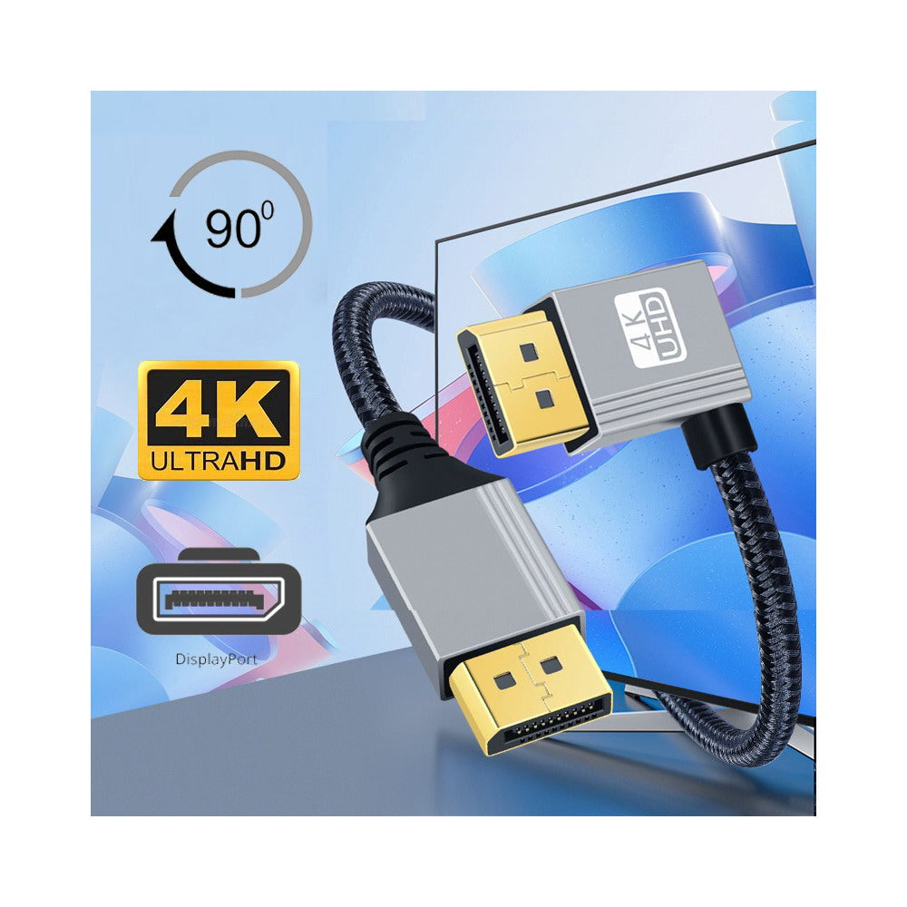 Left Angled DisplayPort DP to DP Cable 4K 60hz Cable Silver Sleeve Ultra-HD UHD 90 Degree for Desktop Laptop Monitor Graphics Card