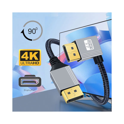 Left Angled DisplayPort DP to DP Cable 4K 60hz Cable Silver Sleeve Ultra-HD UHD 90 Degree for Desktop Laptop Monitor Graphics Card