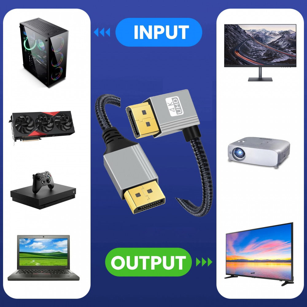 Right Angled DisplayPort DP to DP Cable 4K 60hz Cable Silver Sleeve Ultra-HD UHD 90 Degree for Desktop Laptop Monitor Graphics Card