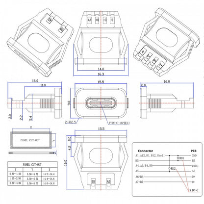 5pcs/set DIY OEM Type C Female Socket Connector to 6Pin PCBA Pinout Rectangle Latch Mount Type DC 5V/20V PD Power IP67