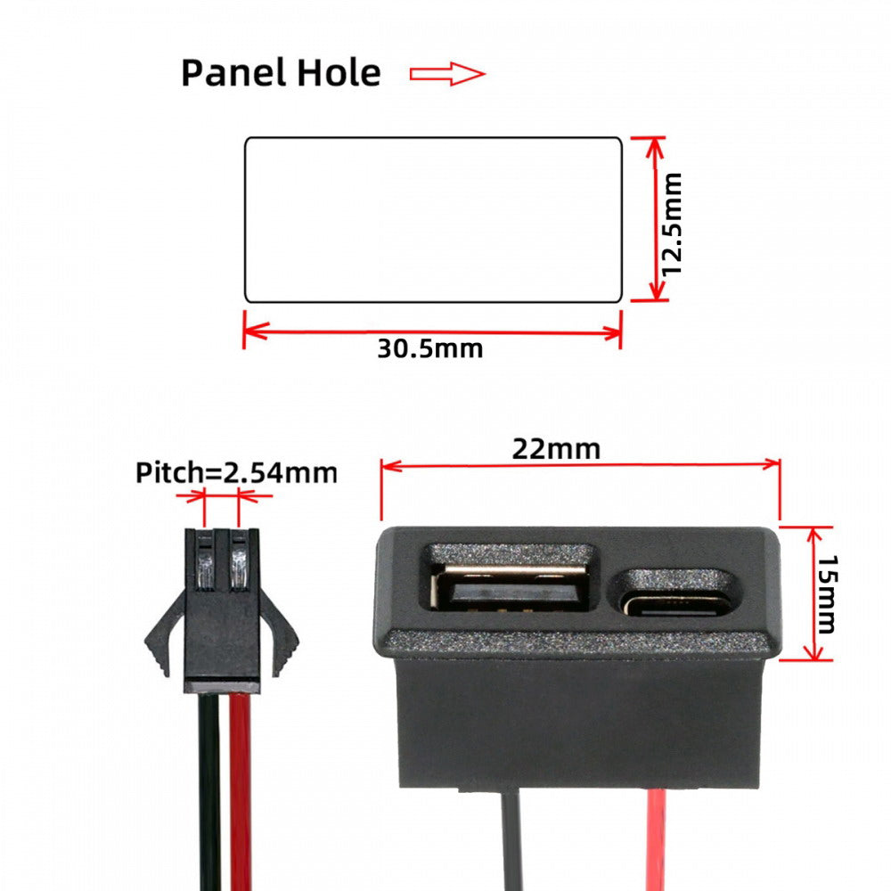 DIY OEM Type-A & Type-C Female Socket Horizontal to 2Pin Header Cable Pitch=2.54mm Latch Mount Type DC 5V Power
