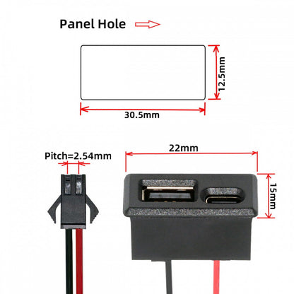 DIY OEM Type-A & Type-C Female Socket Horizontal to 2Pin Header Cable Pitch=2.54mm Latch Mount Type DC 5V Power