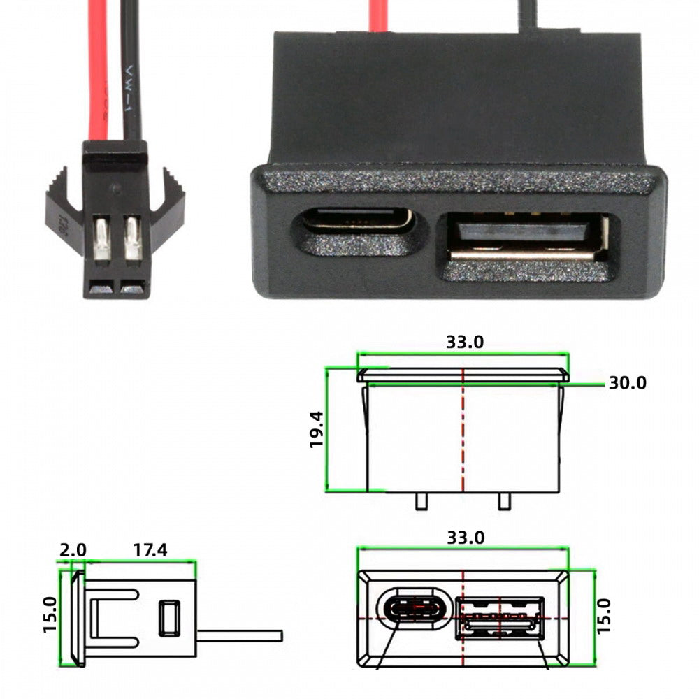 DIY OEM Type-A & Type-C Female Socket Horizontal to 2Pin Header Cable Pitch=2.54mm Latch Mount Type DC 5V Power