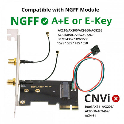 Wireless NGFF A/E-Key WiFi Card to PCI-E Express 1x Adapter for WLAN Wifi6 Wifi7 Bluetooth