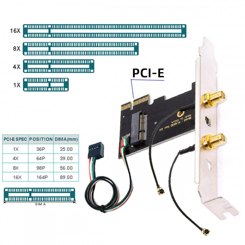 Wireless NGFF A/E-Key WiFi Card to PCI-E Express 1x Adapter for WLAN Wifi6 Wifi7 Bluetooth