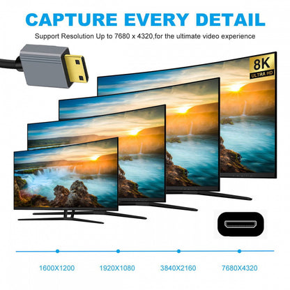 Mini HDMI 2.1 Male to HDMI Male 8K 60hz Stretch Coiled Cable 100cm for HDTV Computer Laptop Monitor