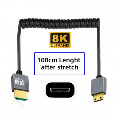 Mini HDMI 2.1 Male to HDMI Male 8K 60hz Stretch Coiled Cable 100cm for HDTV Computer Laptop Monitor
