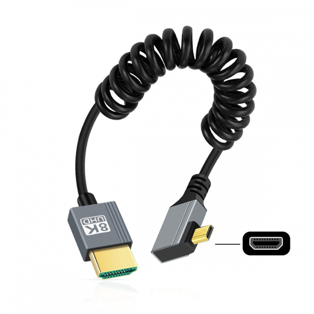 90 Degree Right Angled Micro HDMI 2.1 Male Type-D to HDMI Male 8K 60hz Stretch Coiled Cable 100cm for HDTV Camera Laptop Monitor