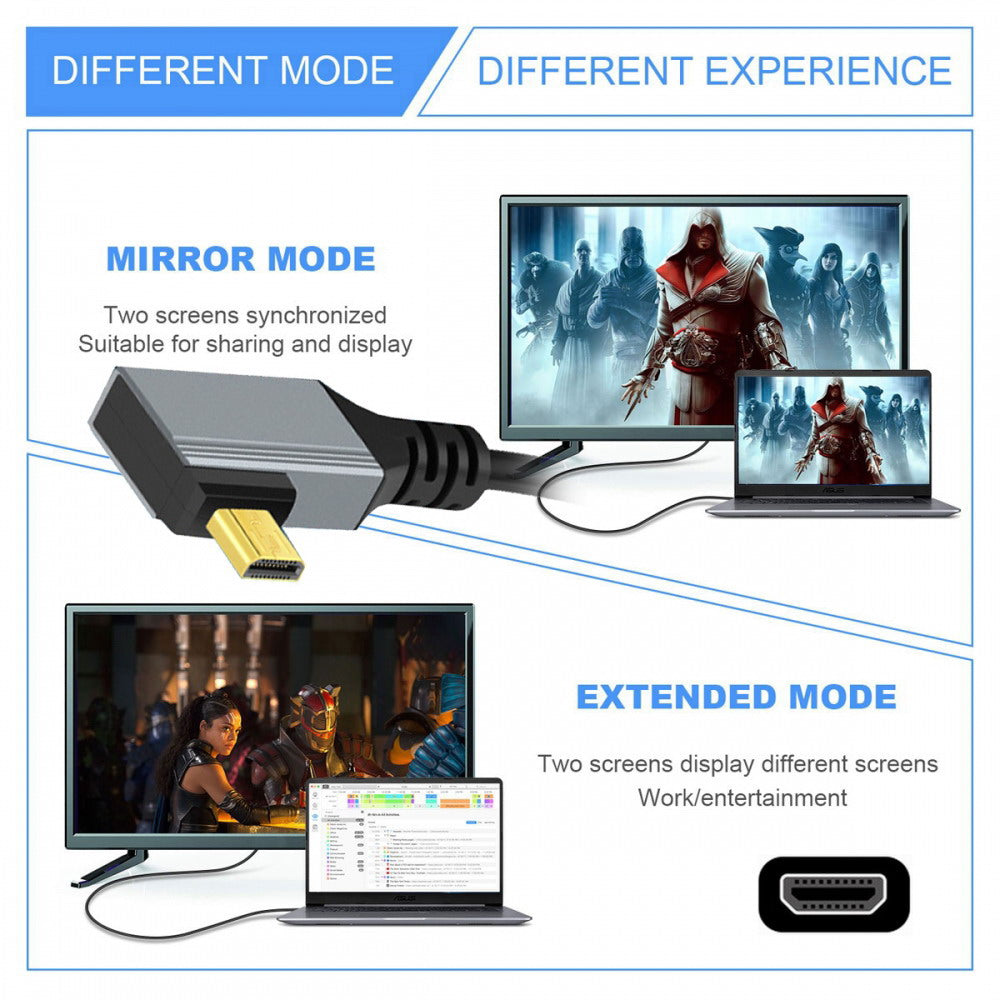 90 Degree Right Angled Micro HDMI 2.1 Male Type-D to HDMI Male 8K 60hz Stretch Coiled Cable 100cm for HDTV Camera Laptop Monitor