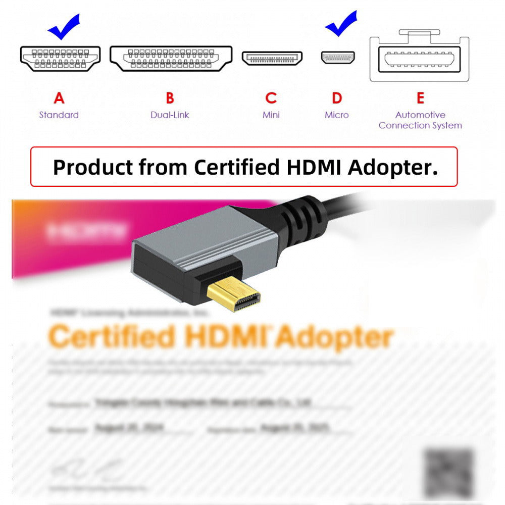 90 Degree Right Angled Micro HDMI 2.1 Male Type-D to HDMI Male 8K 60hz Stretch Coiled Cable 100cm for HDTV Camera Laptop Monitor