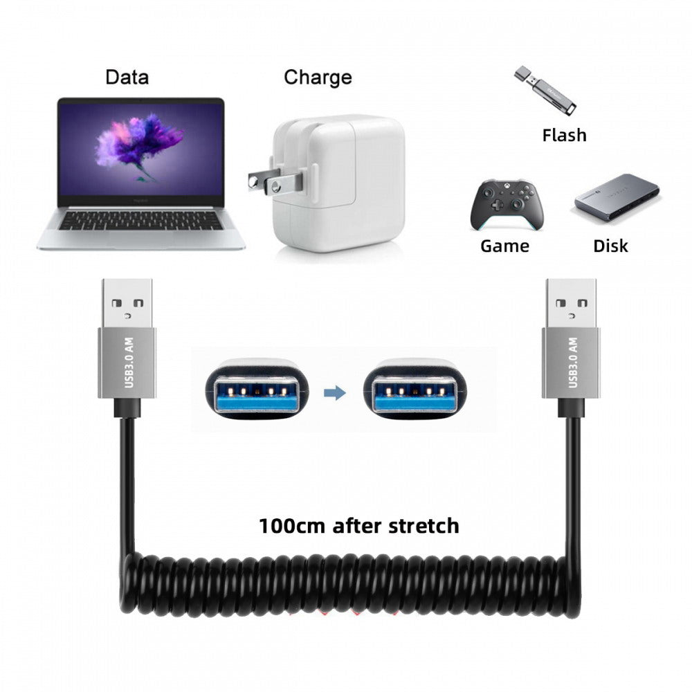 USB 3.0 Type-A Male to USB3.0 A Male Stretch Coiled Cable 100cm Extension 5Gbps for Disk SSD Camera Data