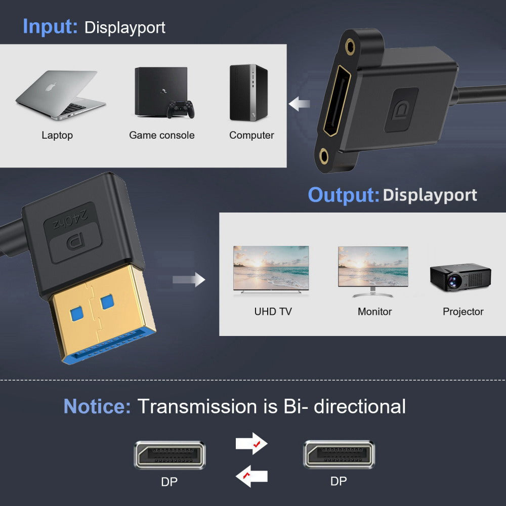 Ultrafine Left Angled DisplayPort 1.4 DP Male to Female Extension Cable 8K 60hz 4K 144hz for Desktop Laptop Monitor Graphics Card 30cm