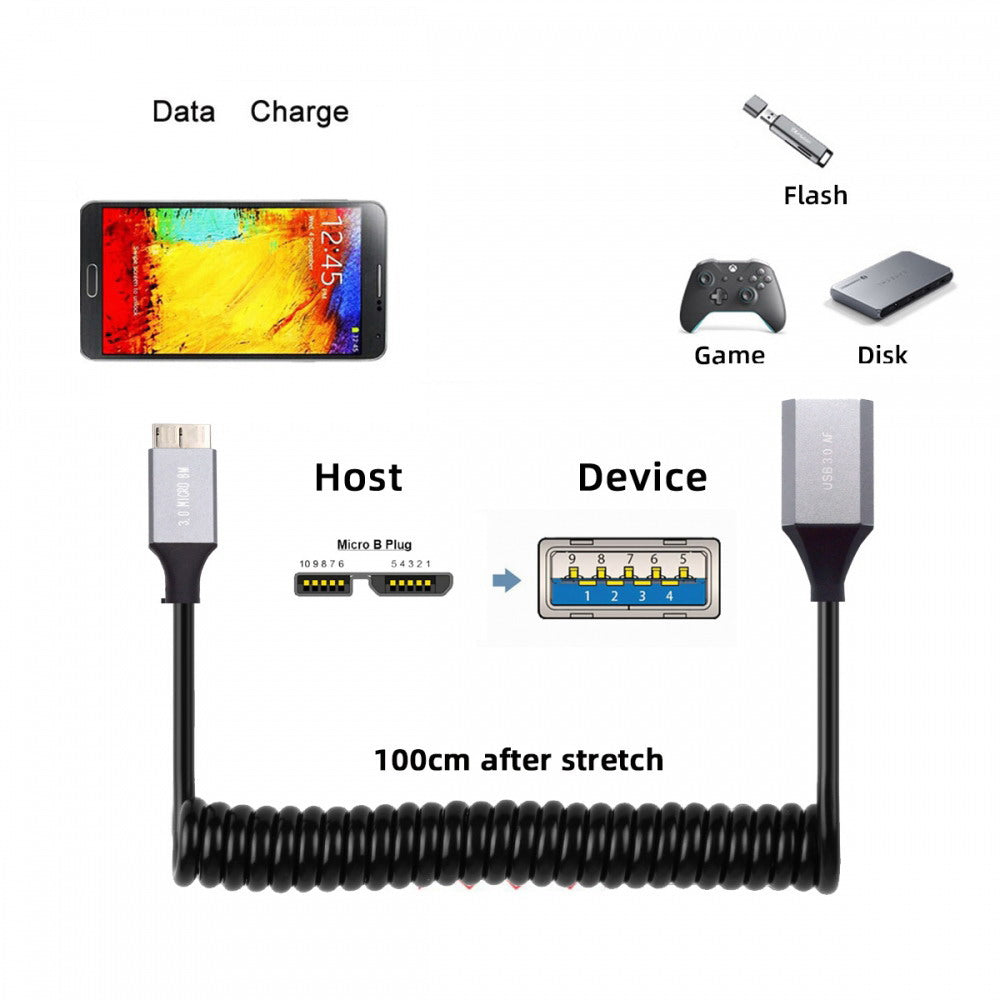 Micro-USB3.0 Male Host to USB3.0-A Female OTG Stretch Coiled Cable 100cm Extension 5Gbps for Disk Phone Camera Data