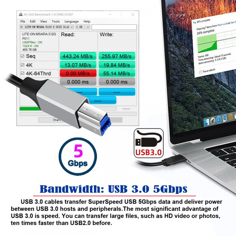 USB 3.0 Type-A Male to USB3.0 Type-B Male Stretch Coiled Cable 100cm Extension 5Gbps for Disk Printer Camera Data