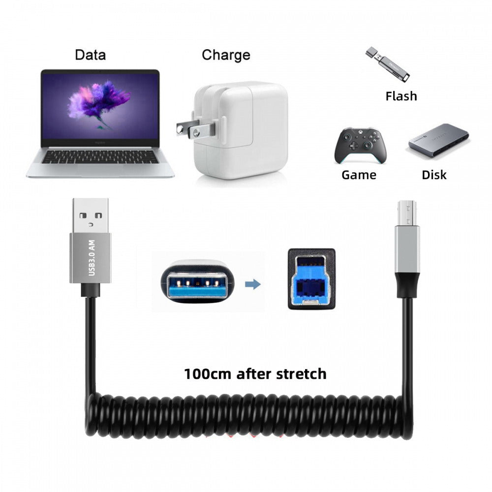 USB 3.0 Type-A Male to USB3.0 Type-B Male Stretch Coiled Cable 100cm Extension 5Gbps for Disk Printer Camera Data