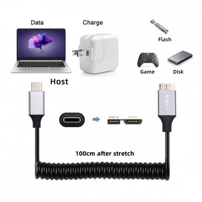 USB-C Type-C Host to Micro-USB3.0 Male OTG Stretch Coiled Cable 100cm Extension 5Gbps for Disk Phone Camera Data