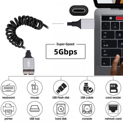 USB-C Type-C Host to Micro-USB3.0 Male OTG Stretch Coiled Cable 100cm Extension 5Gbps for Disk Phone Camera Data