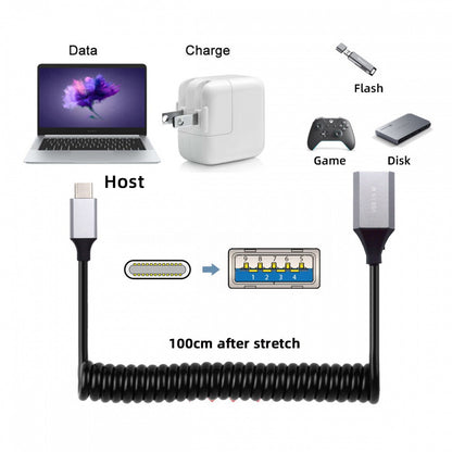 USB-C Type-C Host to USB3.0-A Female OTG Stretch Coiled Cable 100cm Extension 5Gbps for Disk Phone Camera Data