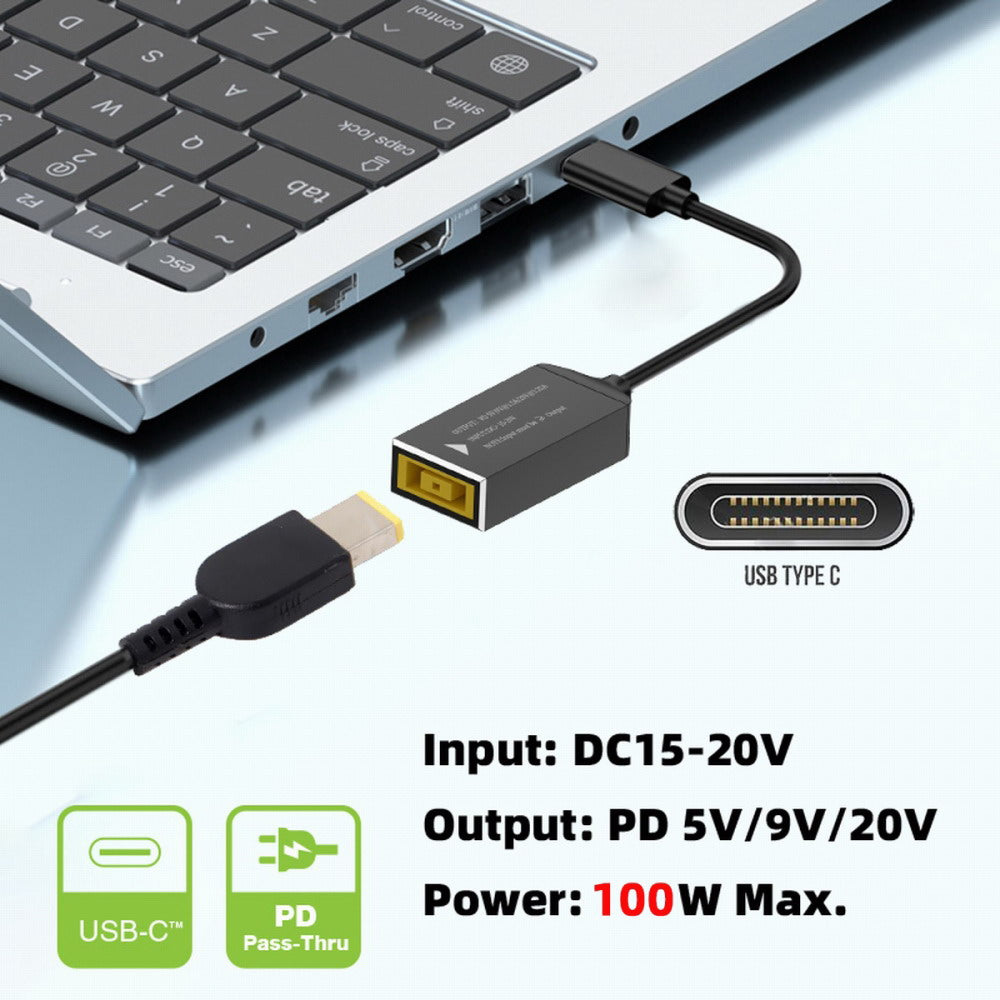 Rectangle Jack Thinkpad X1 Input to USB-C Type-C Power 100W Charge Cable for Laptop Phone PD9V 5V 20V
