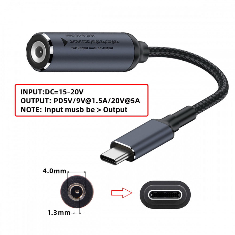 DC Jack 4.0X1.3mm Input to USB-C Type-C Power 100W Charge Cable for Laptop Phone PD9V 5V 20V