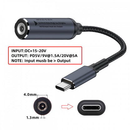 DC Jack 4.0X1.3mm Input to USB-C Type-C Power 100W Charge Cable for Laptop Phone PD9V 5V 20V