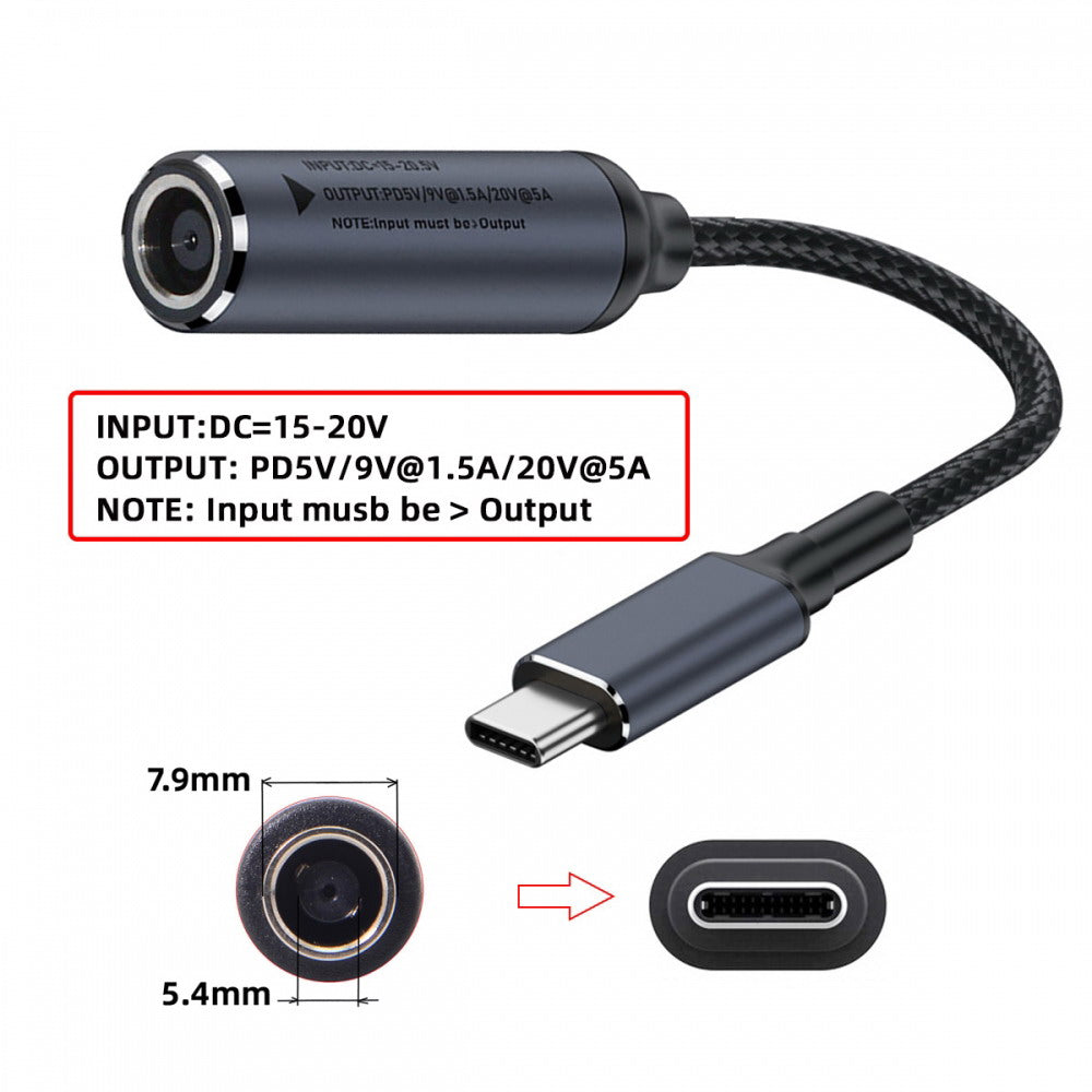 DC Jack 7.9X5.4mm Input to USB-C Type-C Power 100W Charge Cable for Laptop Phone PD9V 5V 20V