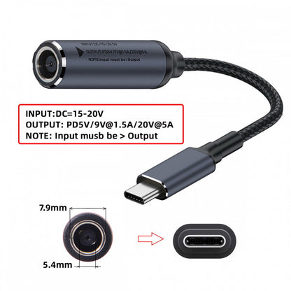 DC Jack 7.9X5.4mm Input to USB-C Type-C Power 100W Charge Cable for Laptop Phone PD9V 5V 20V