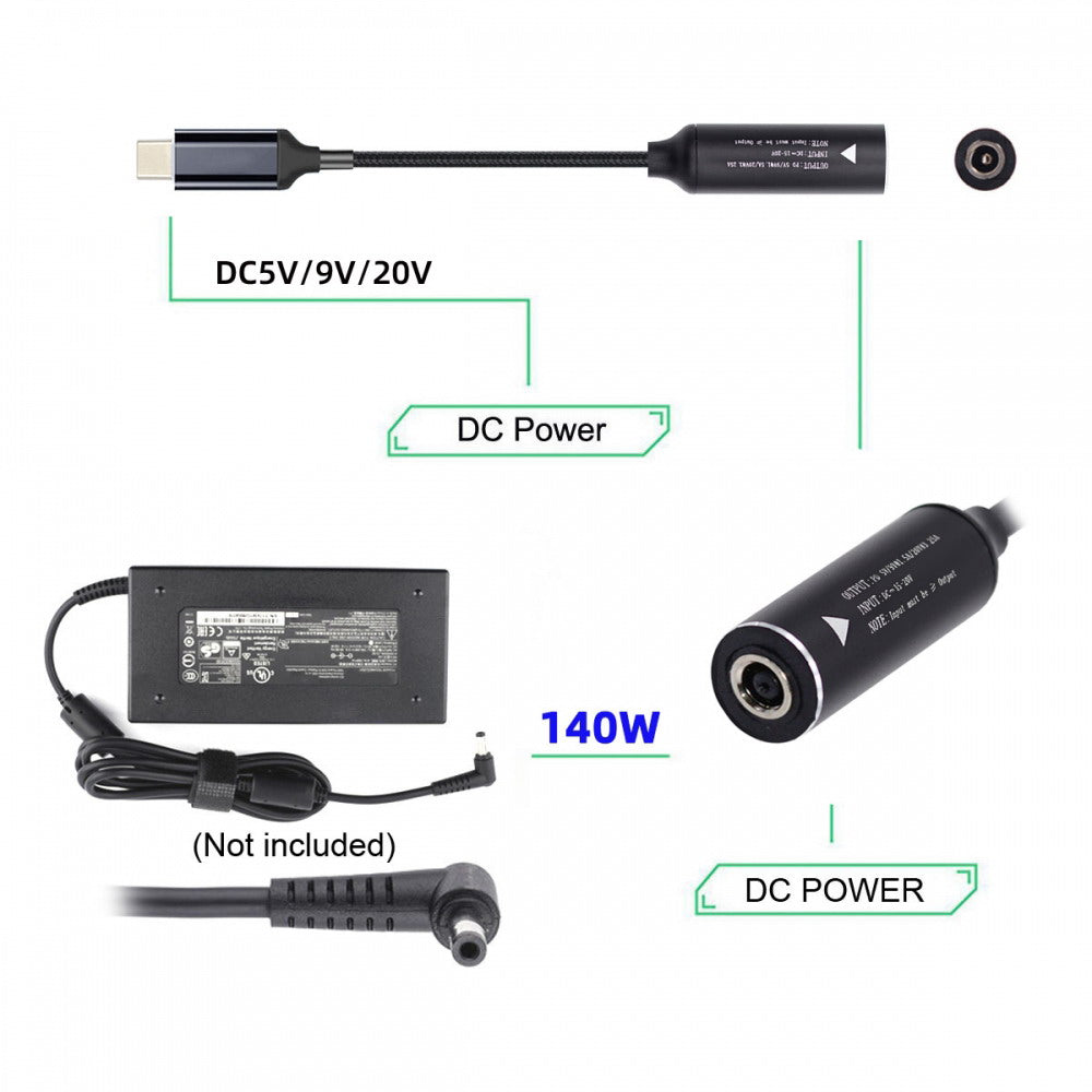 DC Jack 6.0X1.4mm Input to USB-C Type-C Power 140W Charge Cable for Laptop Phone PD9V 5V 20V7A