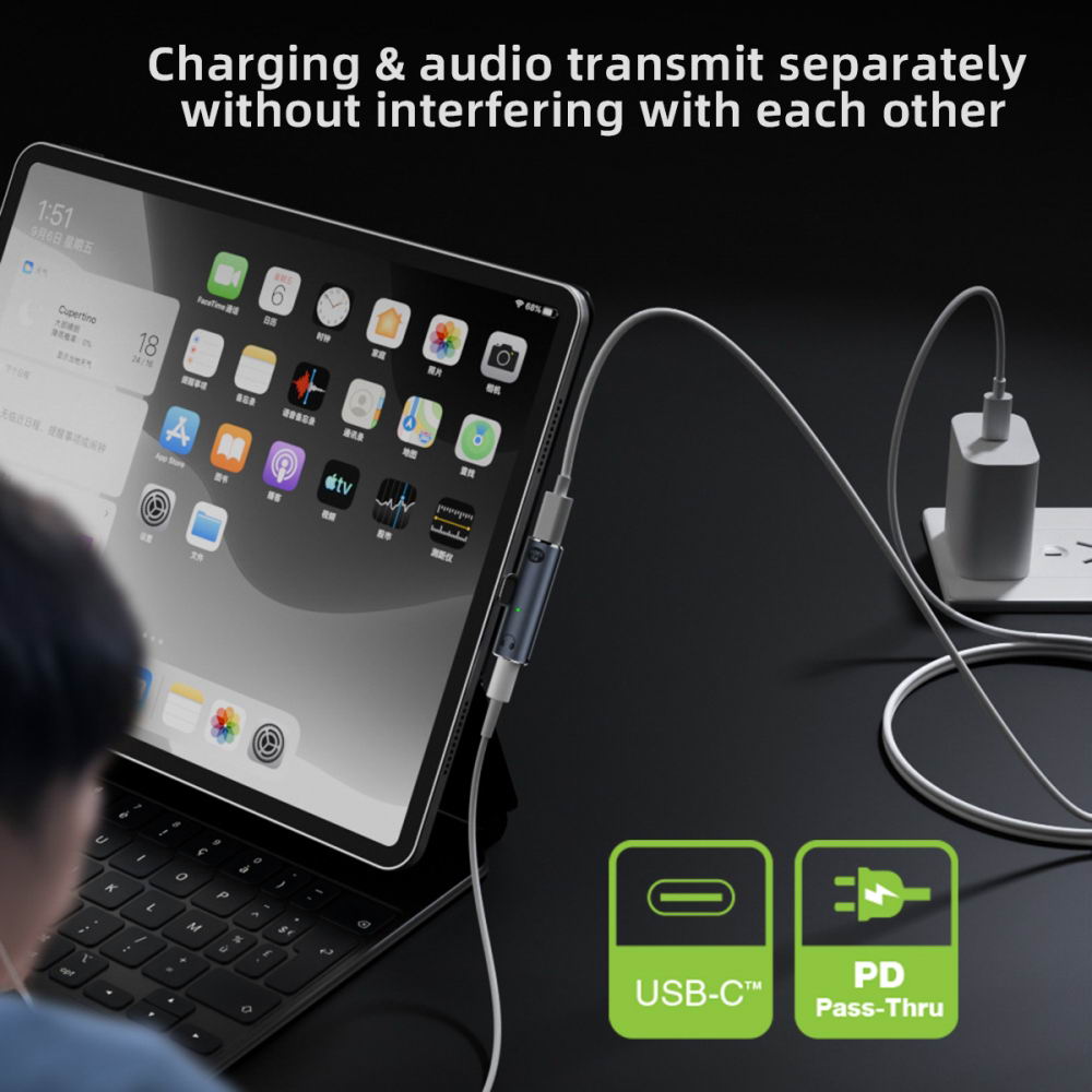 USB-C Type-C to 3.5mm Audio DAC AUX Music 16bit 48kHz & 100W PD Power Adapter for Laptop Tablet Phone