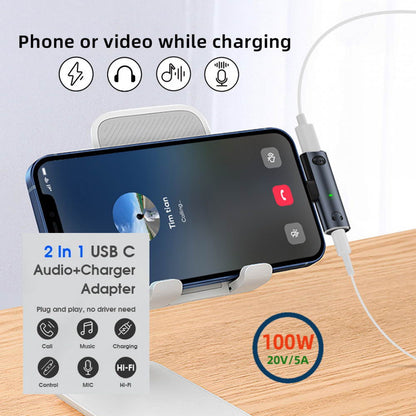 USB-C Type-C to 3.5mm Audio DAC AUX Music 16bit 48kHz & 100W PD Power Adapter for Laptop Tablet Phone
