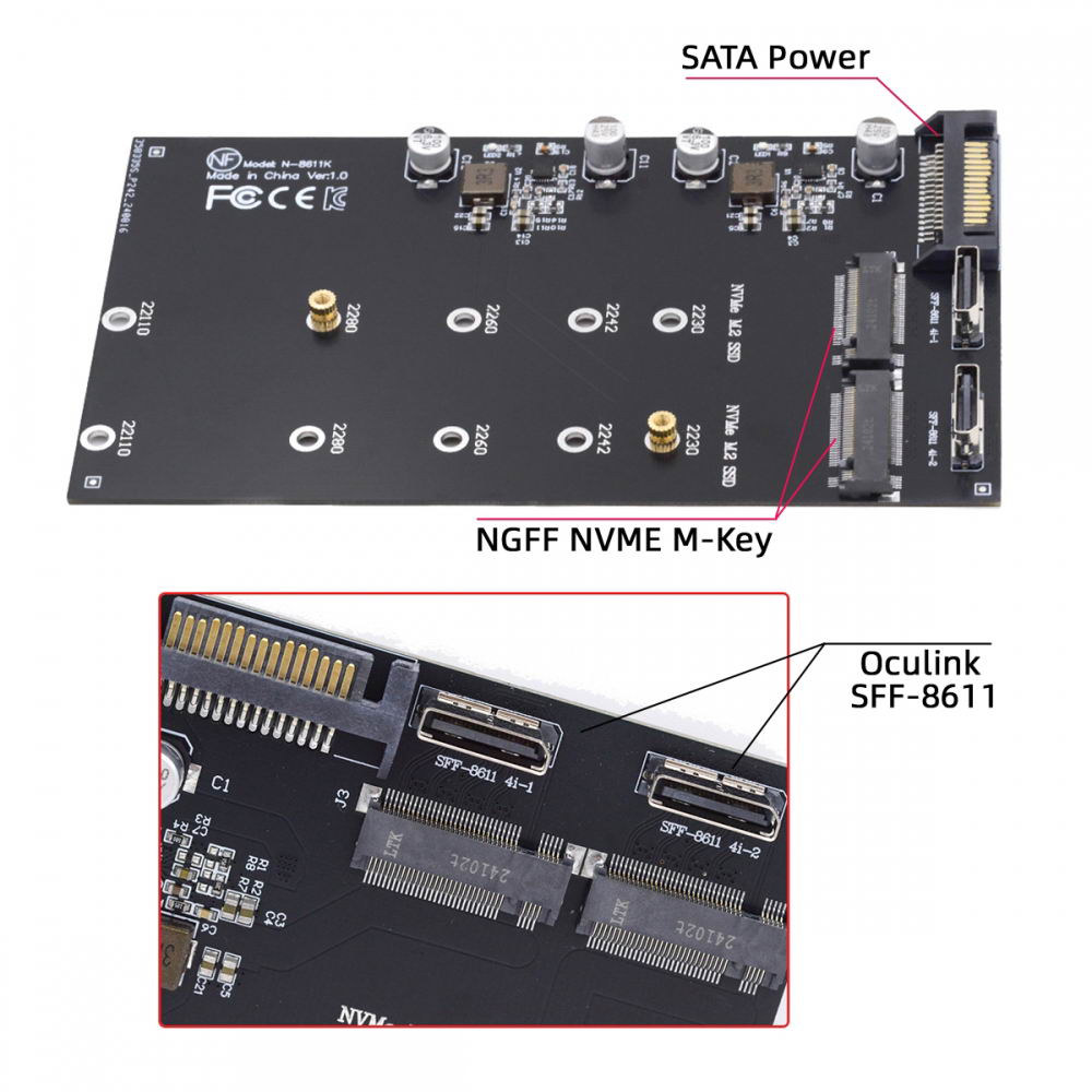 Dual Oculink SFF-8612 SFF-8611 to M.2 NGFF M-Key NVME PCIe SSD 2280 22110mm Adapter for Mainboard