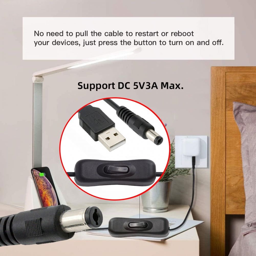 DC 5.5x2.1mm Plug to USB Type-A Cable with On Off Power Switch Button for DC 5V Desk Lamp Fan Camera