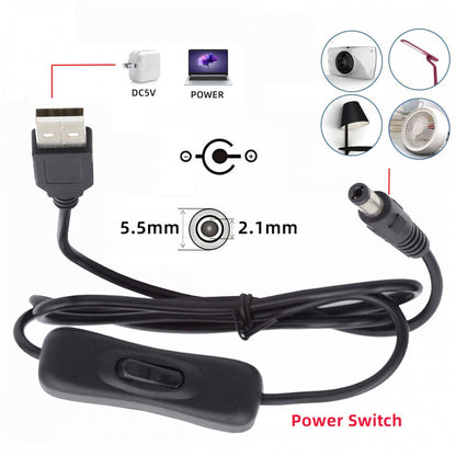 DC 5.5x2.1mm Plug to USB Type-A Cable with On Off Power Switch Button for DC 5V Desk Lamp Fan Camera