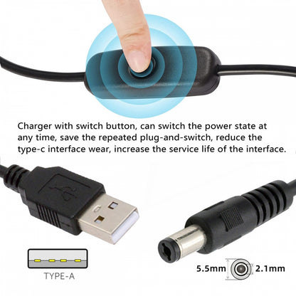 DC 5.5x2.1mm Plug to USB Type-A Cable with On Off Power Switch Button for DC 5V Desk Lamp Fan Camera