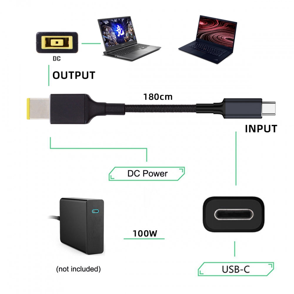 100W Type C USB-C Input to Rectangular Jack Output Power 20V 5A 65W PD Charge Cable for Thinkpad X1 Legion Y7000P Laptop