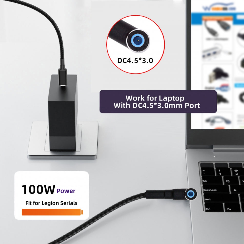 100W Type C USB-C Input to 20V DC 4.5*3.0mm Output Power 20V 5A 65W PD Charge Cable compatible with HP-Laptop