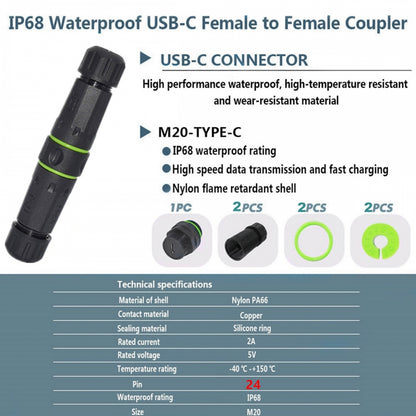M20 Locking IP68 Waterproof Type-C 10Gbps USB3.1 Female to USB-C Female Extension Adapter Coupler