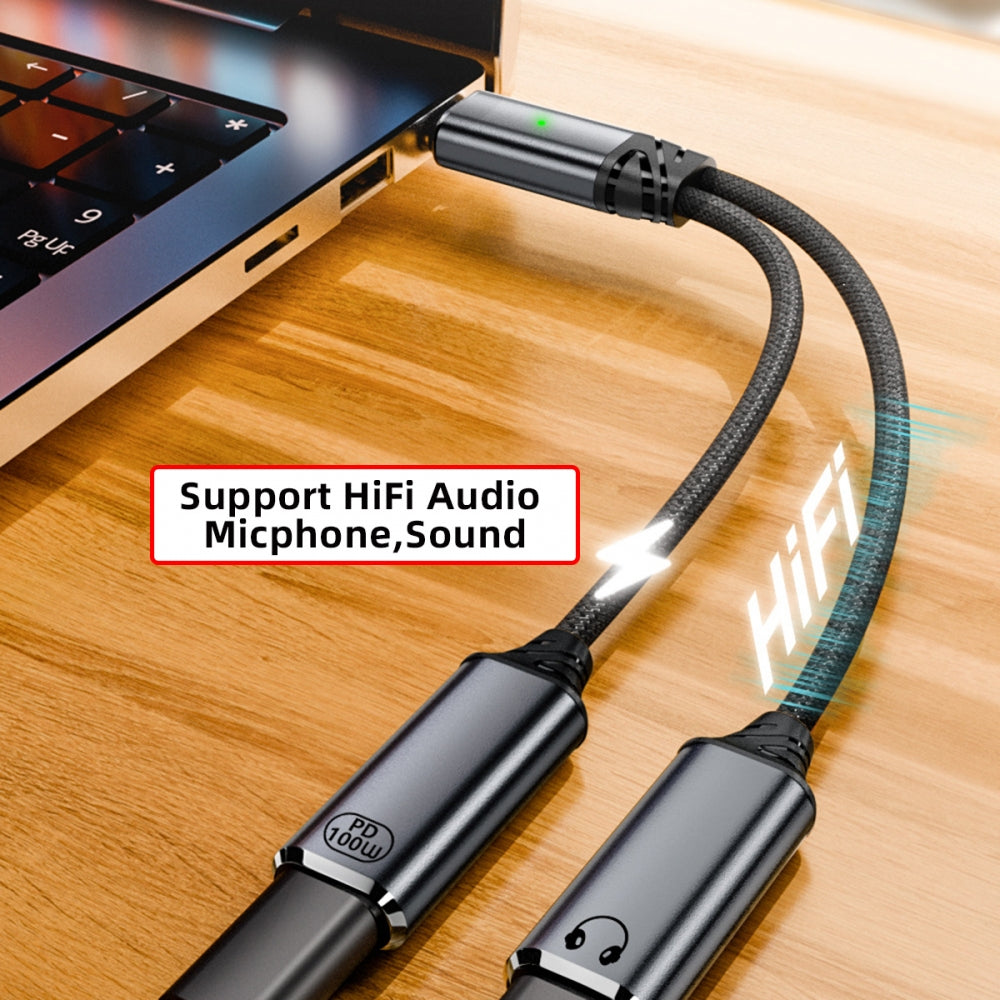 USB-C Type-C Male to Dual Female Audio DAC AUX Music 16bit 48kHz & 100W PD Power Cable for Laptop Tablet Phone