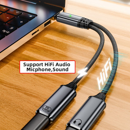 USB-C Type-C Male to Dual Female Audio DAC AUX Music 16bit 48kHz & 100W PD Power Cable for Laptop Tablet Phone