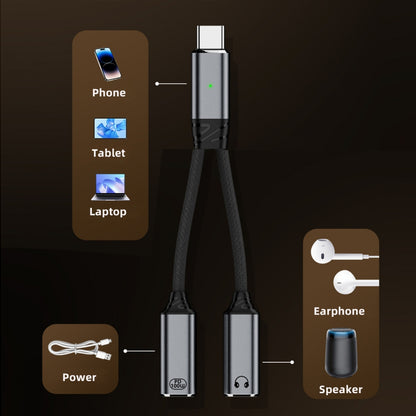 USB-C Type-C Male to Dual Female Audio DAC AUX Music 16bit 48kHz & 100W PD Power Cable for Laptop Tablet Phone