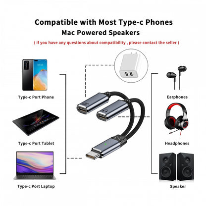USB-C Type-C Male to Dual Female Audio DAC AUX Music 16bit 48kHz & 100W PD Power Cable for Laptop Tablet Phone