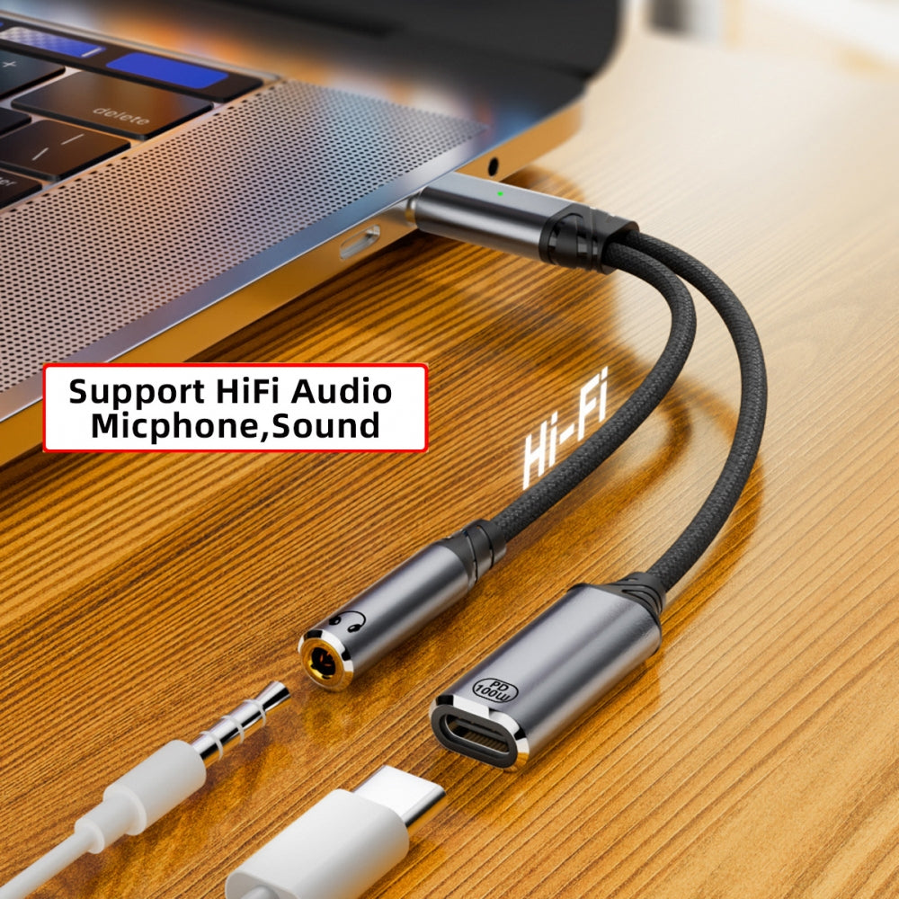 USB-C Type-C Male to 3.5mm Female Audio DAC AUX Music 16bit 48kHz & 100W PD Power Cable for Laptop Tablet Phone