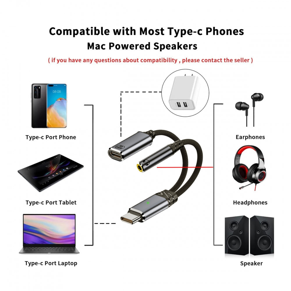 USB-C Type-C Male to 3.5mm Female Audio DAC AUX Music 16bit 48kHz & 100W PD Power Cable for Laptop Tablet Phone