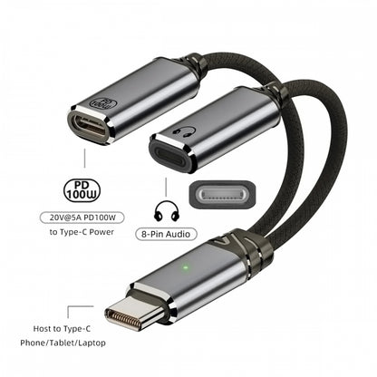 USB-C Type-C Male to 8P Female Audio DAC AUX Music 16bit 48kHz & 100W PD Power Cable for Laptop Tablet Phone