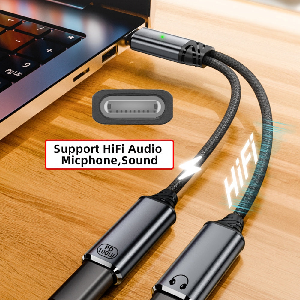 USB-C Type-C Male to 8P Female Audio DAC AUX Music 16bit 48kHz & 100W PD Power Cable for Laptop Tablet Phone